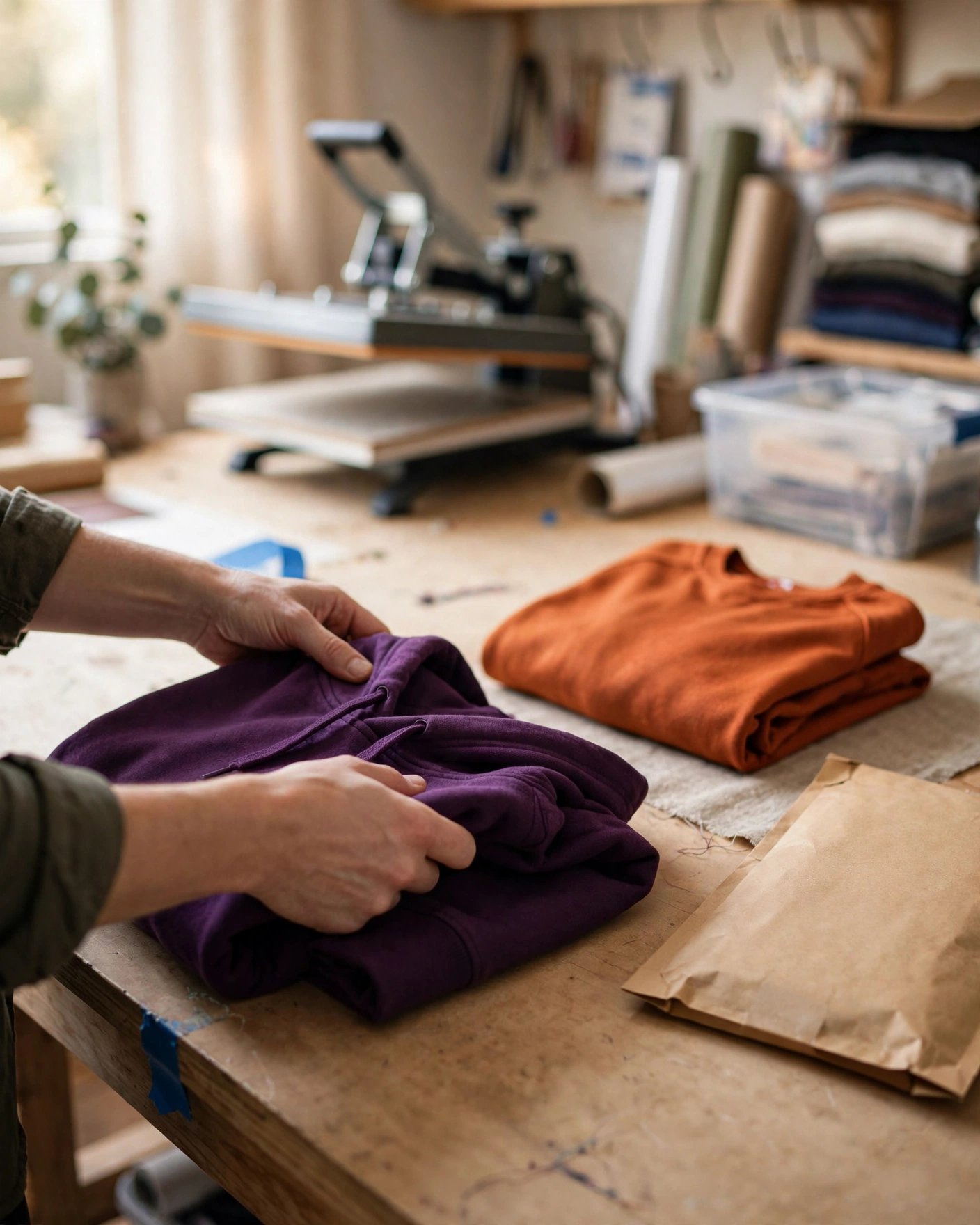Freshly printed adult table tennis hoodie being folded and packed after printing to order